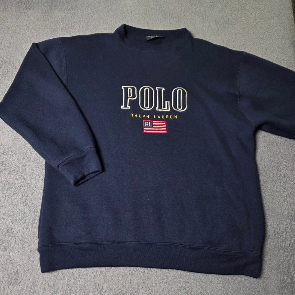 Polo Ralph Lauren Mens XL Sweatshirt Navy Blue Embroidered Flag Made in USA 90s